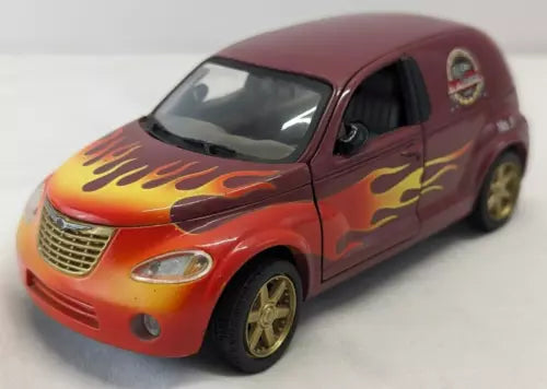 Diecast flame model car with orange and yellow fire decals on dark red body