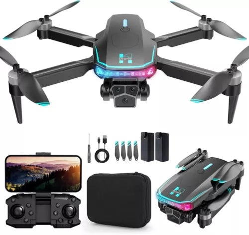 Quadcopter drone with camera and blue LED lights, foldable propellers, with controller case