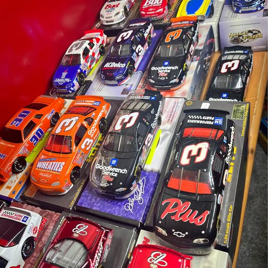 1/24 scale NASCAR diecast race car in a display box, multiple cars shown