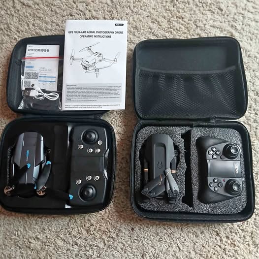 Drone kit with two foldable drones, two controllers, and hard case