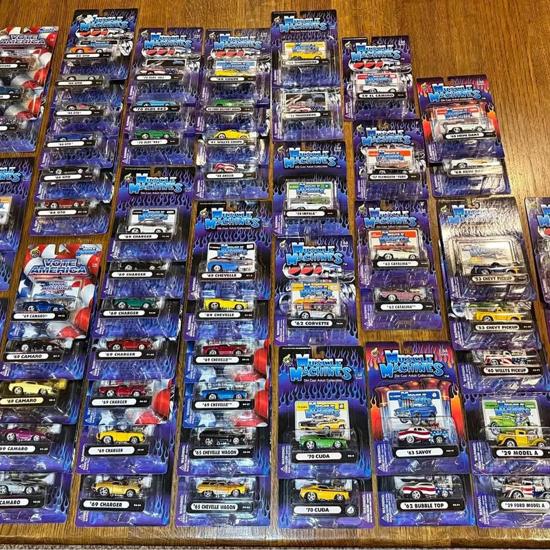 Assorted diecast collectible cars in blister packs, colorful toy cars with branding