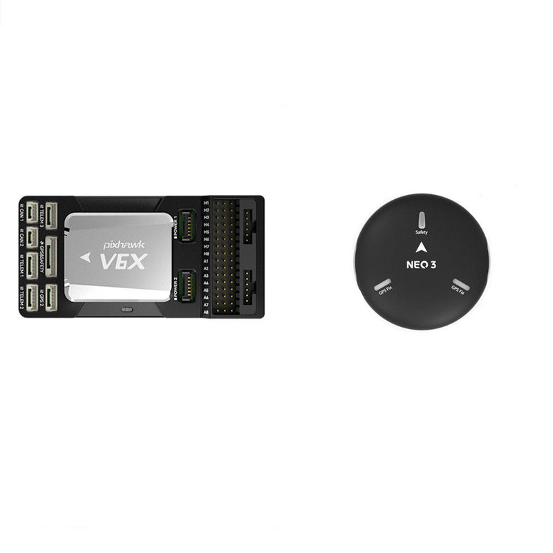 FPV flight controller with white V6X module and NEO 3 GPS receiver disc