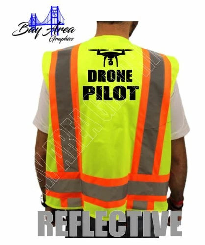 Hi-visibility yellow safety vest with reflective orange stripes and drone pilot back graphic