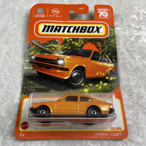 Matchbox orange diecast car in blister pack, 1975 Opel Kadett