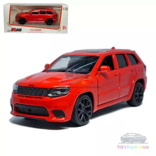 Red 1/36 scale SUV diecast toy model car, front three-quarter view, black wheels