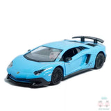 Blue Lamborghini Aventador SV diecast model car, front three-quarter view, black wheels