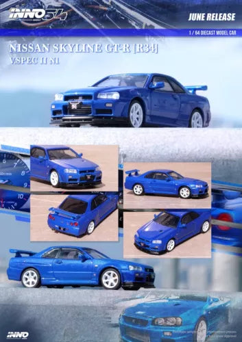 Blue diecast Nissan Skyline GT-R R34 V-Spec II model car, front 3/4 view