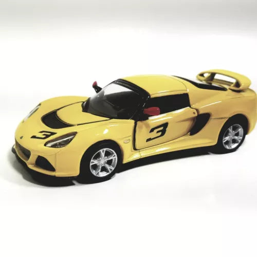 Canary yellow 1/36 diecast sports car toy with black hood, number 3 decals, silver wheels