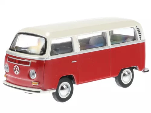 Red-and-white VW T2a bus diecast model car, 1:64 scale.