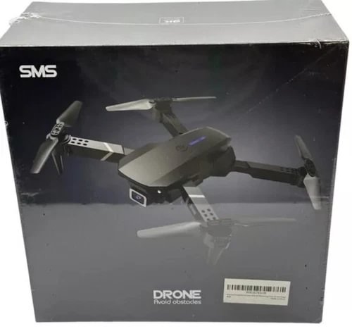 SMS quadcopter drone box with foldable prop layout and obstacle-avoidance graphics