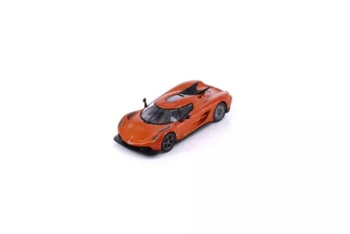 Orange 1:64 diecast model car with black hood and roof, front-left view.