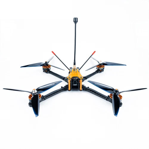 FPV quadcopter drone with four black propellers and yellow frame
