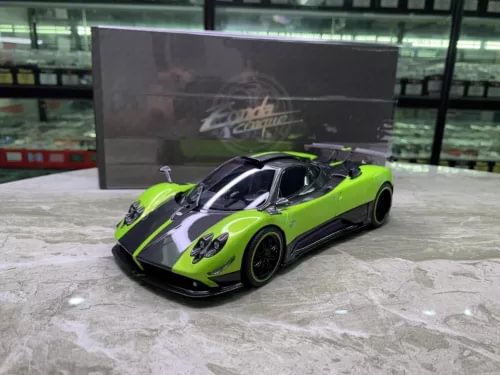 1/18 scale metal diecast sports car model, lime green and black, front-left view