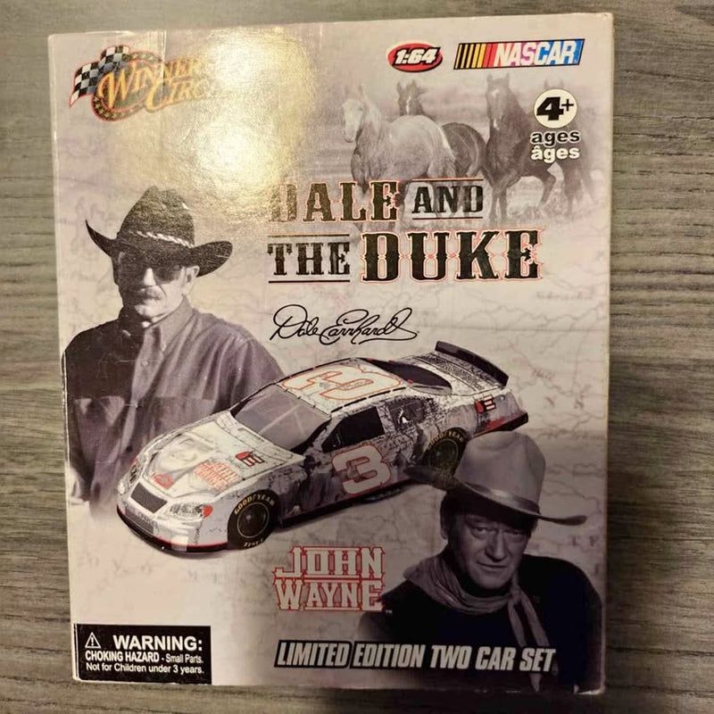 Diecast car set box with two sports cars, John Wayne themed artwork