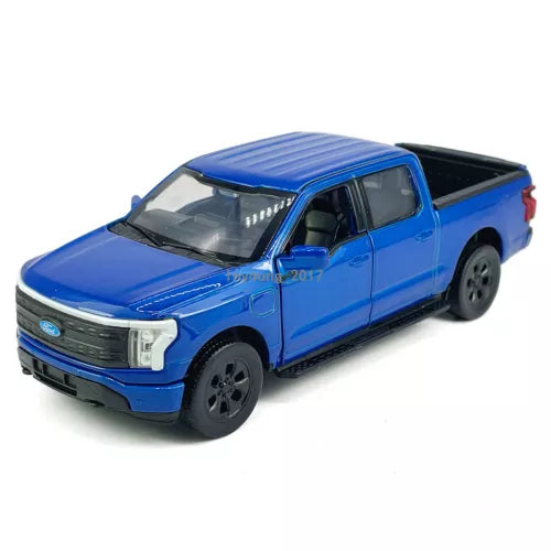 Blue 1:36 scale diecast model pickup truck, Ford F-150 Lightning, front 3/4 view.