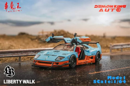 1:64 diecast model car with open gull-wing doors, teal body with orange accents