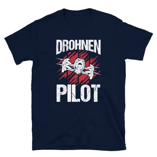 Navy T-shirt with 'DROHNEN PILOT' front graphic and drone illustration
