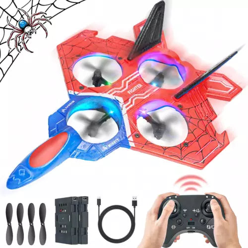 Red LED RC spider drone toy with remote controller and propellers