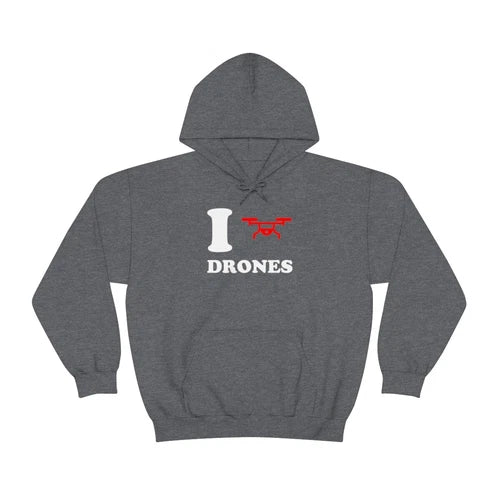 Unisex hooded sweatshirt in dark heather gray with drone graphic on front