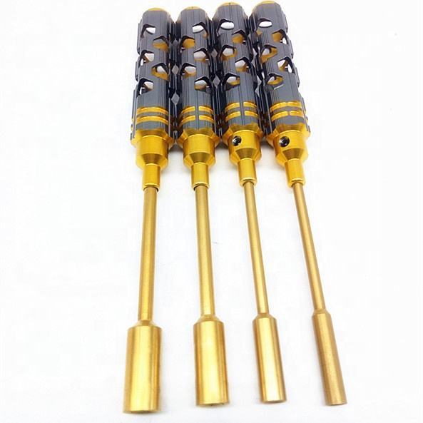 4-piece hex socket nut driver set with gold shafts and black tips, for precision repairs