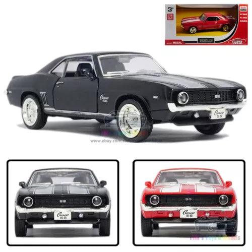Diecast model car: black 1969 Chevrolet Camaro SS coupe with front grille detail