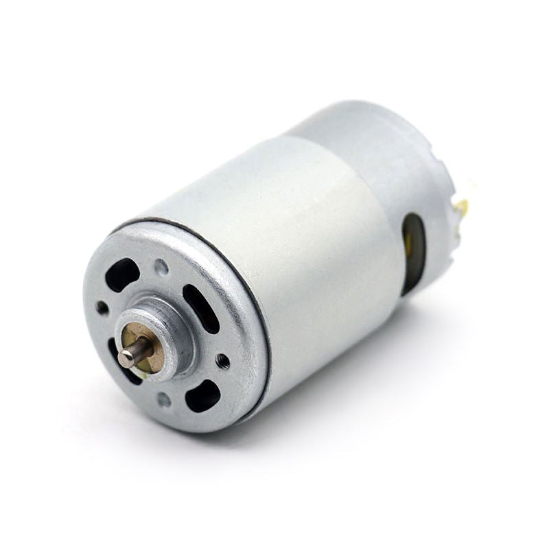 Cylindrical DC motor with metal mounting plate and shaft coupler