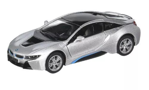 Silver BMW i8 diecast toy car model, front three-quarter view