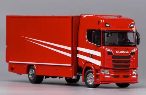 Red Scania S730 enclosed tow truck model, diecast cab with front grille