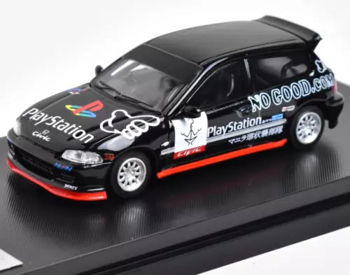 Black JDM diecast hatchback model car with front 3/4 view, side decals, silver wheels