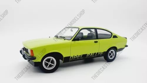 Norev 1:18 diecast model car, green 1978 Opel Kadett coupe with racing stripes