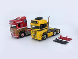 Alloy diecast semi-truck model set, red and yellow cabs with detachable trailer parts