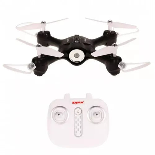 Black quadcopter drone with white propellers and white SYMA remote controller with joysticks