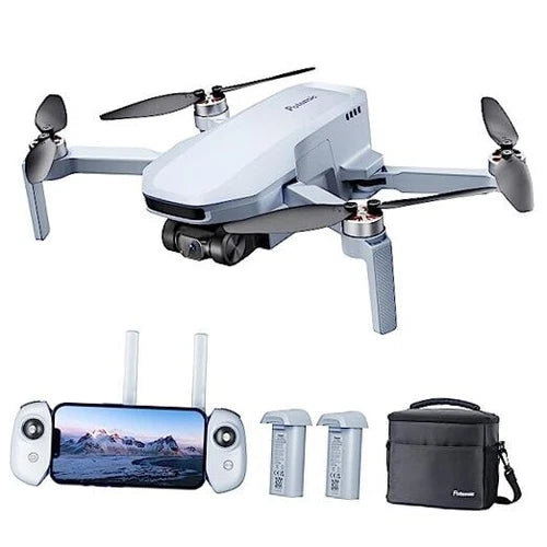 White GPS drone with 4K EIS camera, controller screen, extra batteries, carrying case