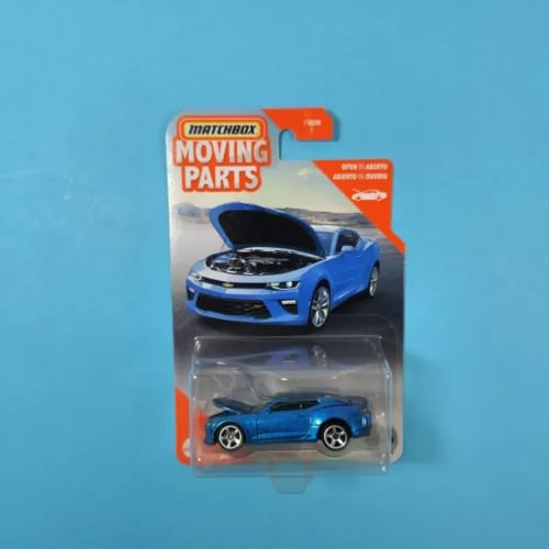 Matchbox blue Chevy Camaro Moving Parts diecast car in retail blister package
