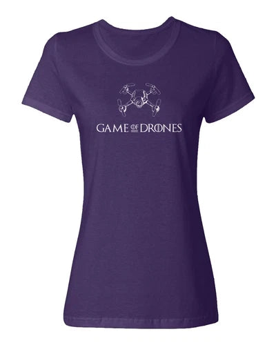Ladies crewneck T-shirt, purple, drone line-art graphic and GAME OF DRONES text