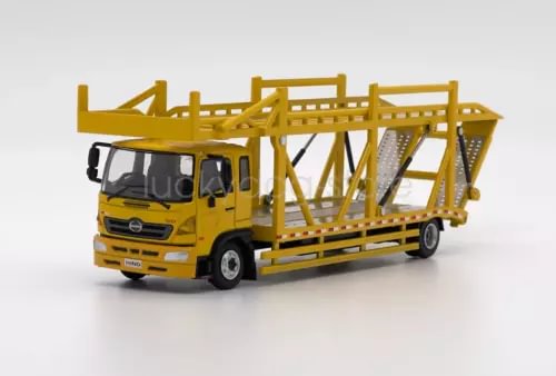 Yellow diecast Hino Ranger double transport truck model with open frame