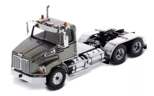 Olive diecast tandem tractor model with detailed cab and chrome chassis, 1:50 scale