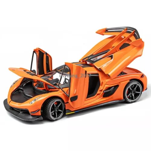 1/24 scale Koenigsegg Jesko diecast model car, orange with black accents, open doors