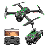 Mini quadcopter drone with dual cameras, green propellers, and handheld remote controller