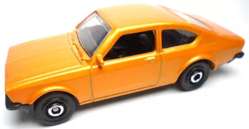 Orange diecast coupe car with silver rims, side view
