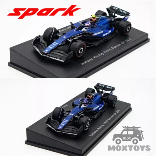 Diecast racing model car, blue and black on display base, Spark 1:64