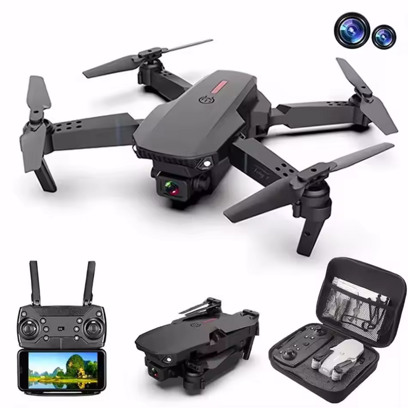Foldable mini quadcopter drone with dual cameras, remote controller, and hard case