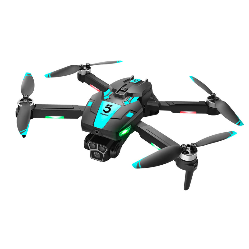 Foldable mini quadcopter drone with four propellers and blue-lit body accents