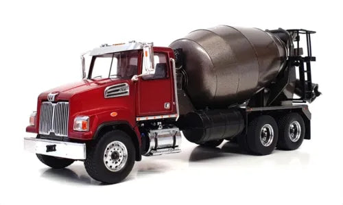 Red diecast concrete mixer truck with rotating gray drum and black chassis