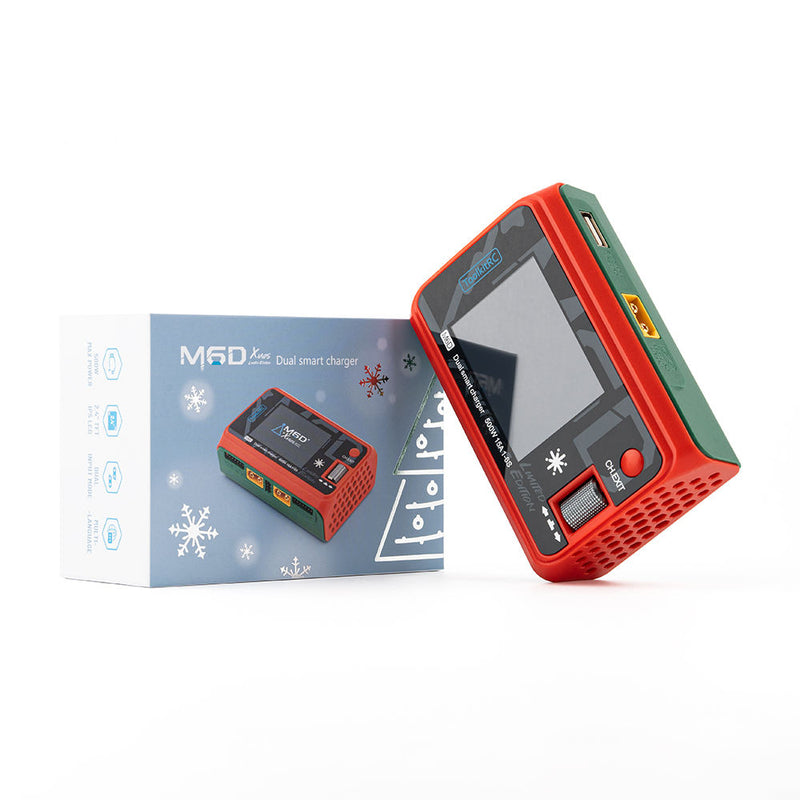 M6D mini RC smart charger, red and green plastic handheld device with screen