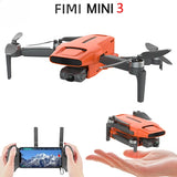 Orange quadcopter drone with camera and 3-axis gimbal, shown with remote phone control