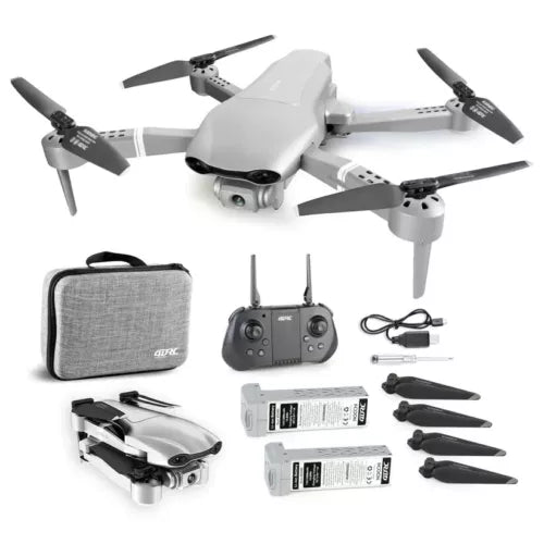 White quadcopter drone with 4K-style camera, remote controller, spare props, case