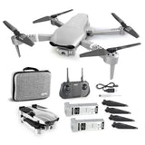 White quadcopter drone with 4K-style camera, remote controller, spare props, case