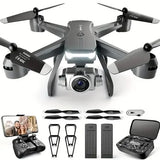 Gray quadcopter drone with front camera and fold-out arms, plus controller and spare prop guards