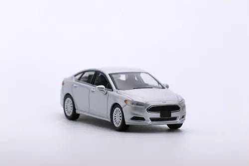 Silver 1:64 diecast sedan toy car, front three-quarter view